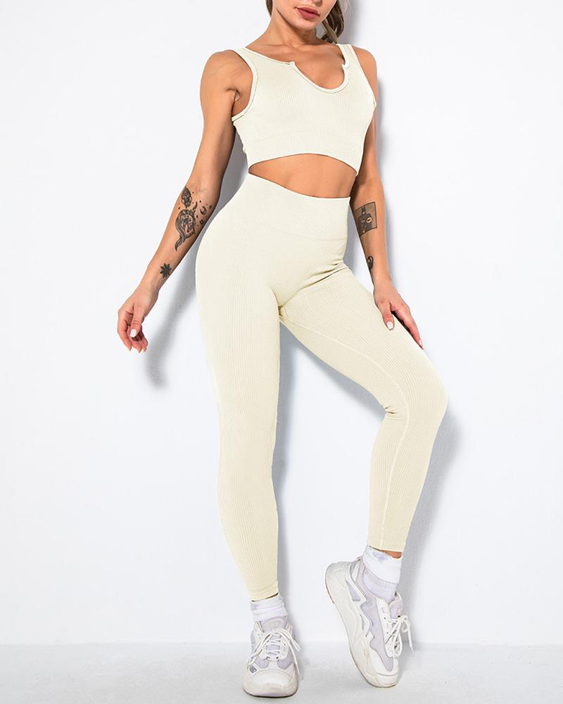 

Solid Color Sleeveless Seamless Knit Skinny Sexy Active Sets, White