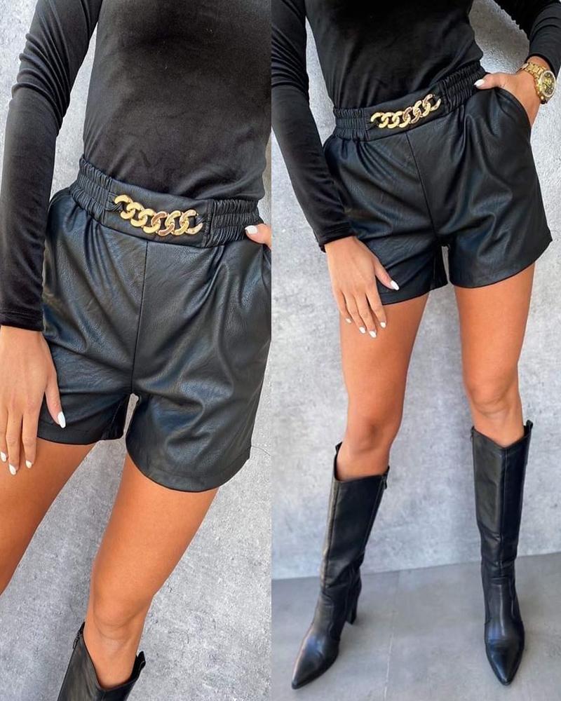 

Chain Decor PU Leather Shorts, Black