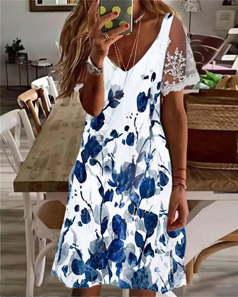 

V-Neck Floral Print Crochet Lace Casual Dress, Blue