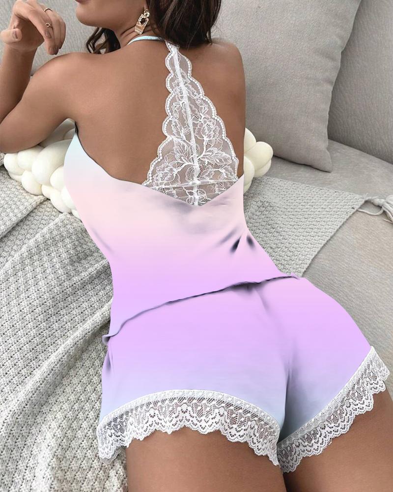 

Ombre Crochet Lace V-Neck Cami Set, Light purple