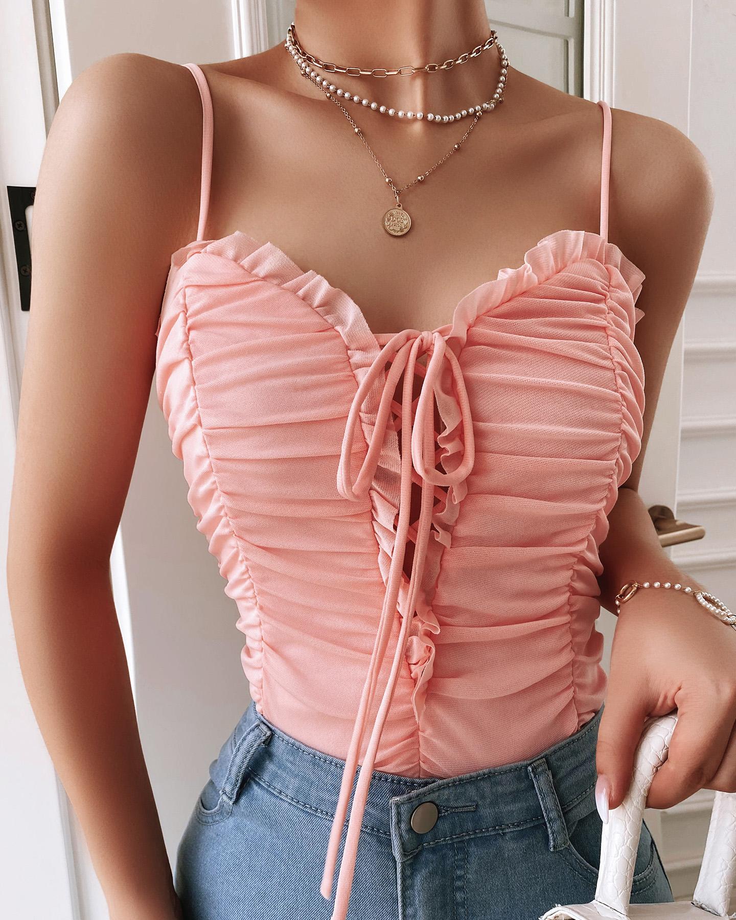 

Lace-up Ruched Frill Hem Cami Top, Pink