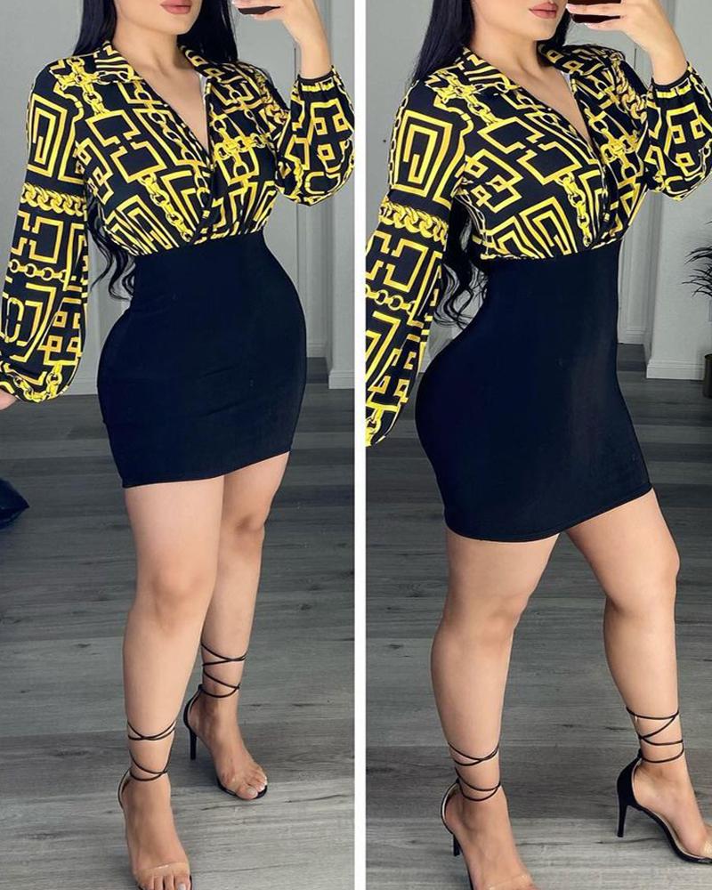 

Chain Print Lantern Sleeve Bodycon Dress, Black