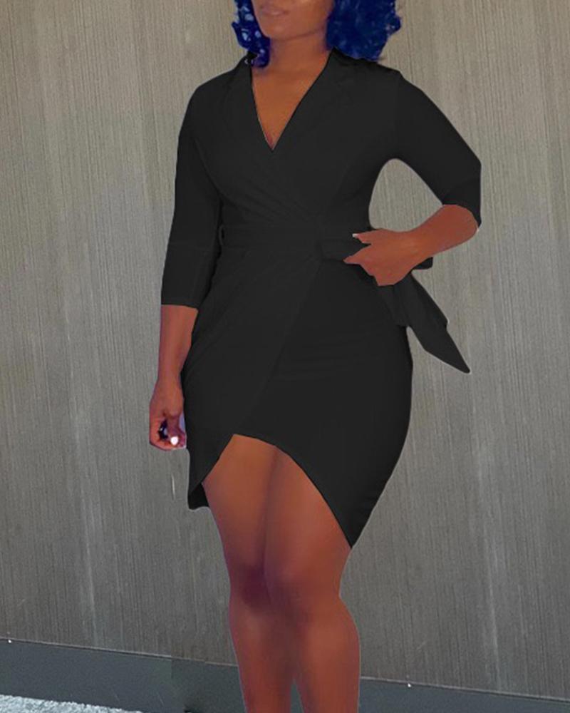 

Notched Collar Asymmetrical Wrap Belted Bodycon Dress, Black