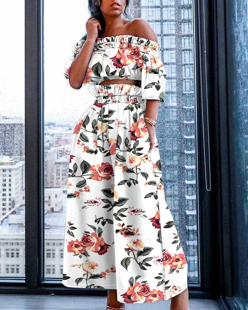 

Off Shoulder Ruffle Hem Floral Print Top & Pants Sets, White