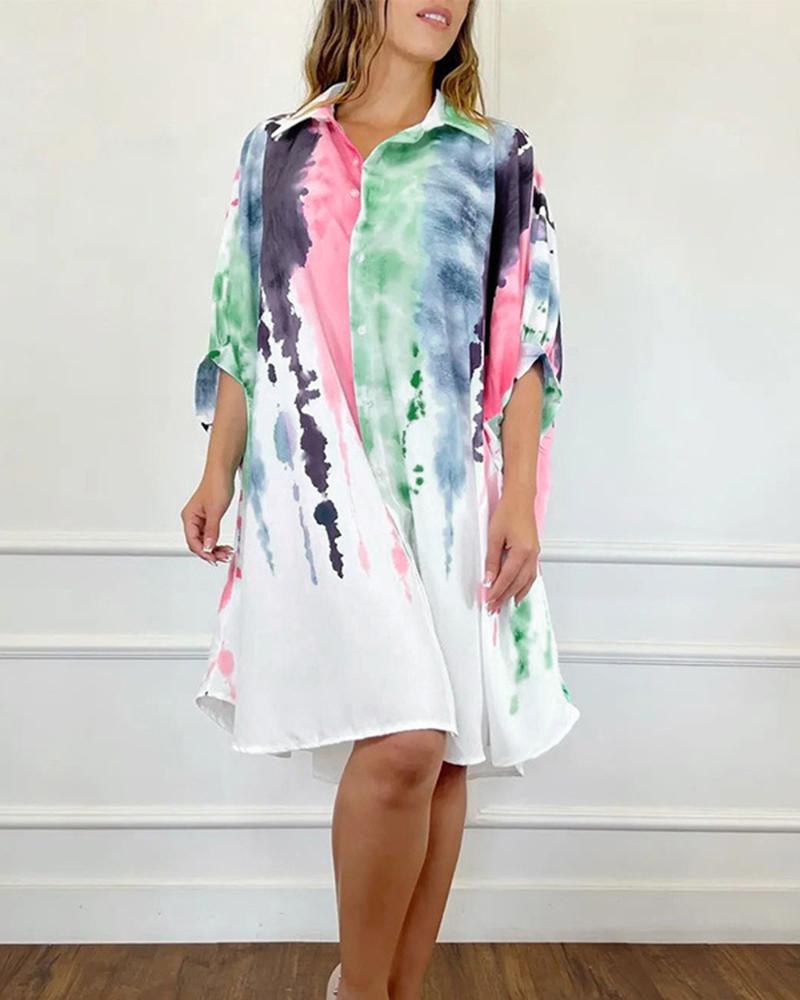 Tie Dye Print Buttoned Slit Shirt Dress