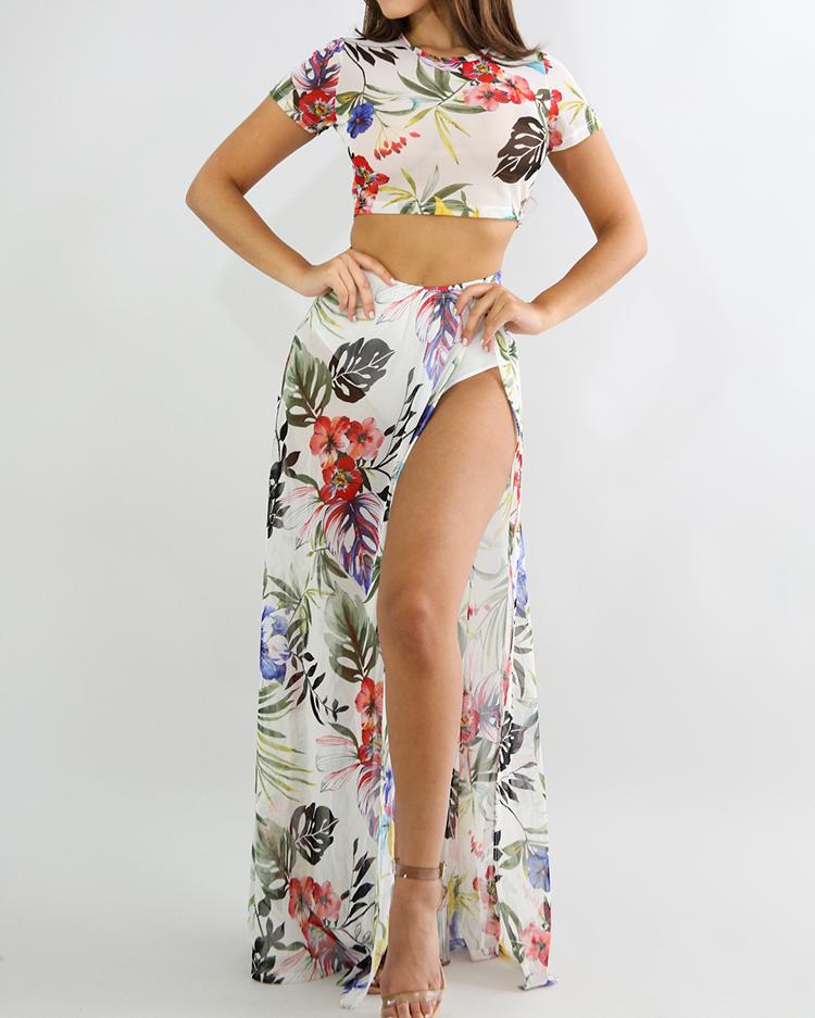 

Floral Print High Slit Cropped Top Two Piece Dress, White