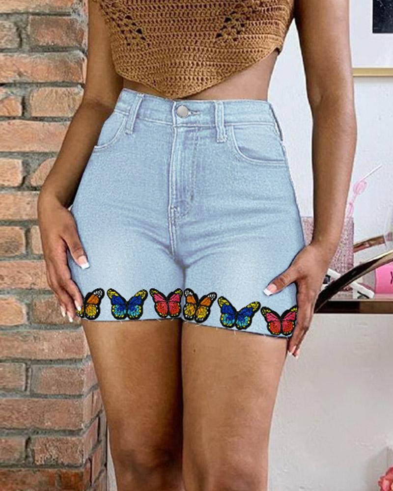 

Butterfly Embroidery Zipper Fly Denim Shorts, Lighted blue