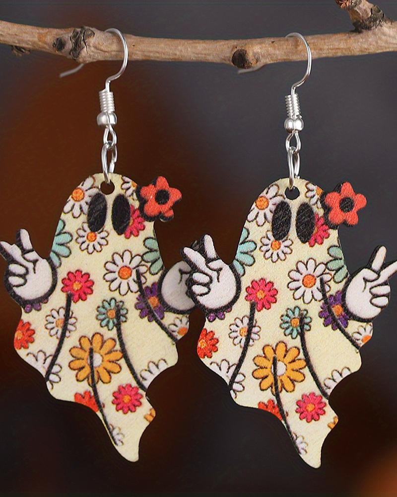 

1Pair Halloween Gift Flower Print Funny Ghost Dangle Hook Earrings, Multicolor