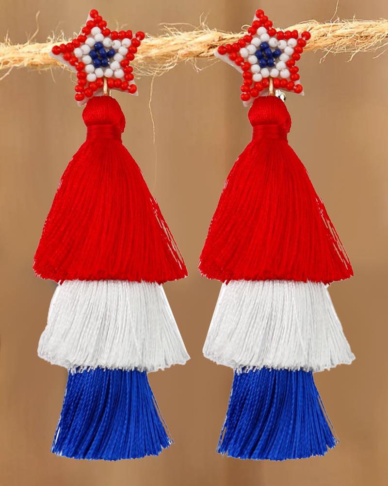 

1Pair Independence Day Flag Tassel Layered Drop Earrings, Multicolor