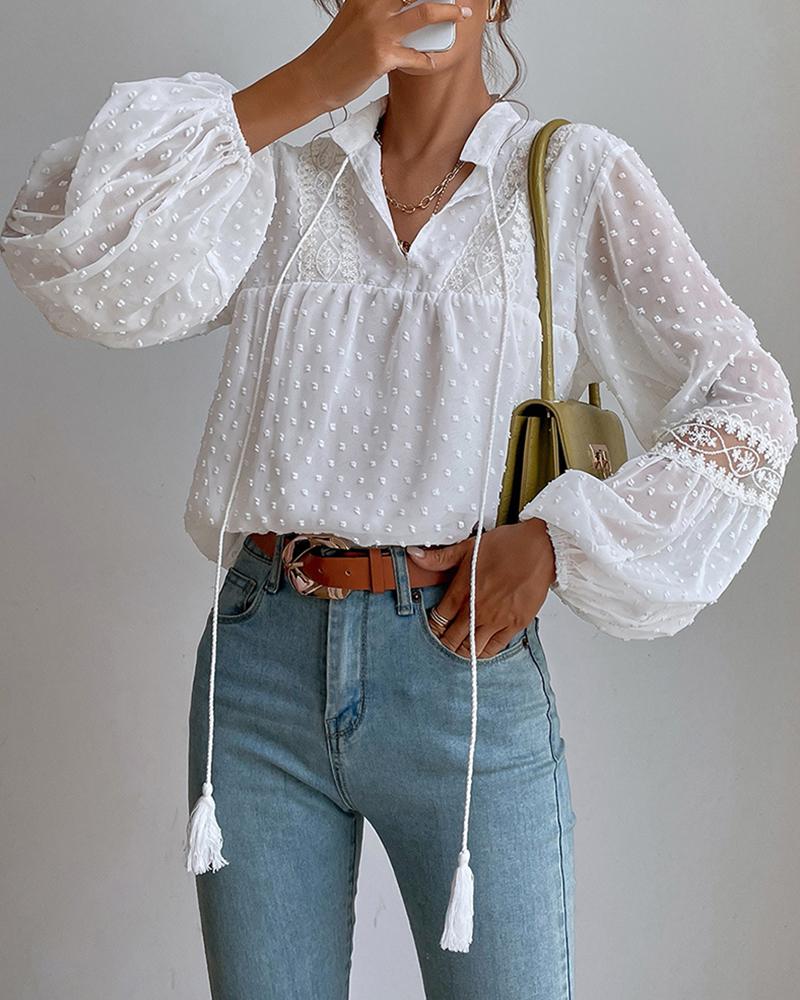 

Swiss Dot Lantern Sleeve Tassel Design Top, White