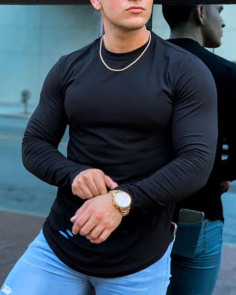 

Men Plain Cutout Long Sleeve Top, Black