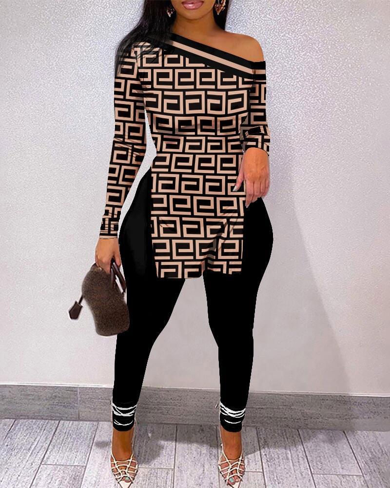 

Geometric Print Split Hem Long Sleeve Top & Pants Set, Black
