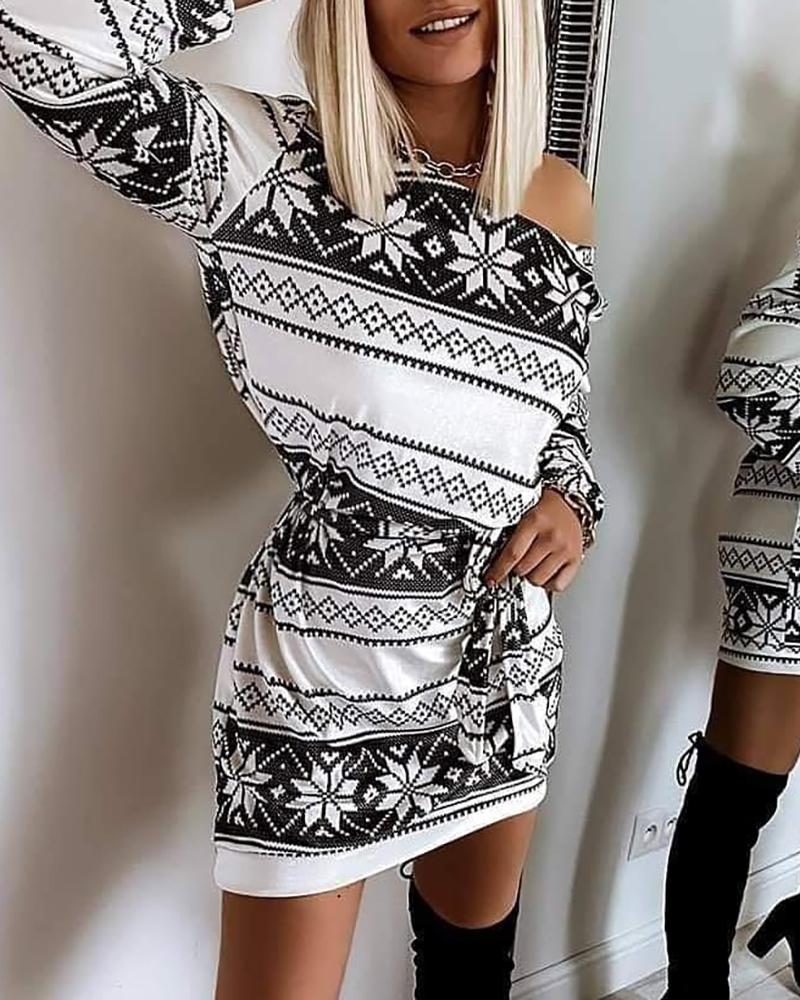 

Christmas Print Cold Shoulder Dress, Gray