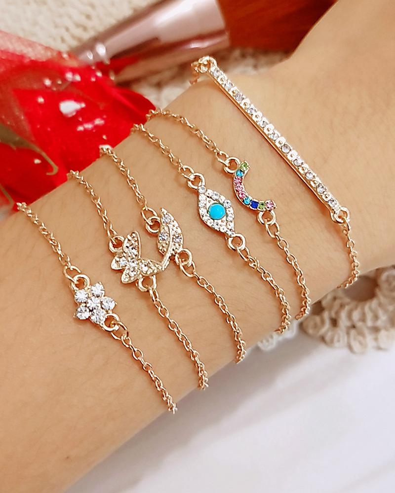 

6pcs Eye Butterfly Leaf Pattern Rhinestone Decor Bracelets, Gold