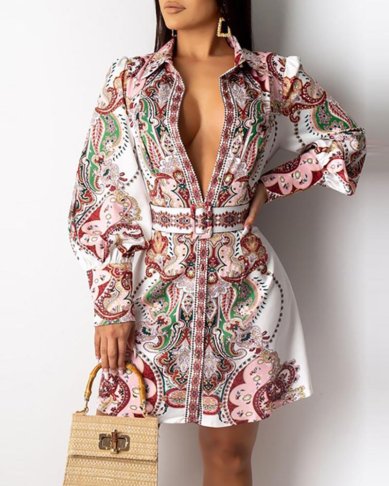 

Turn-down Collar Retro Print Lantern Sleeve Shirt Dress, Pink