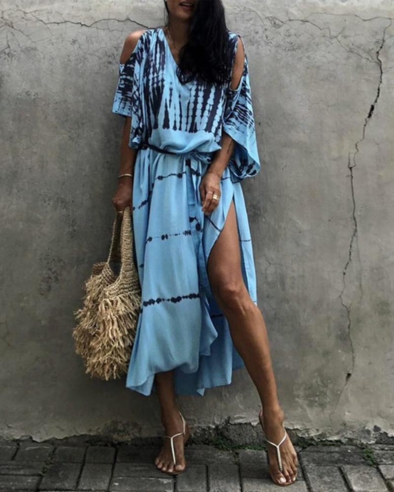 

Tie Dye Print Cold Shoulder Slit Batwing Sleeve Dress, Blue