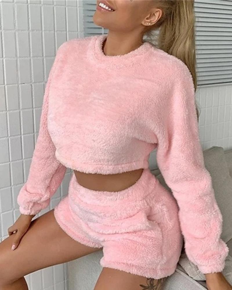 

Long Sleeve Teddy Top & Pocket Design Shorts Set, Pink