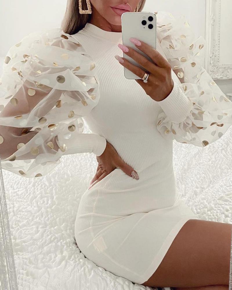 

Dot Mesh Puff Lantern Sleeve High Neck Bodycon Dress, White