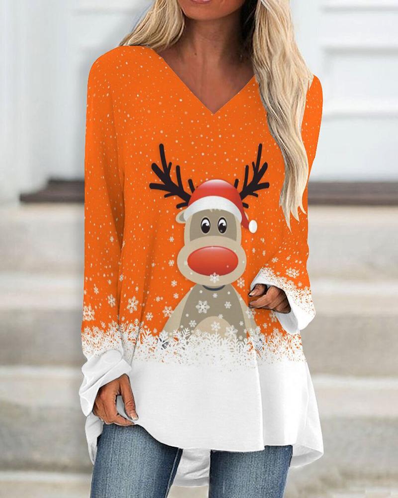 

Christmas V-Neck Elk Snowflake Print Top, Orange
