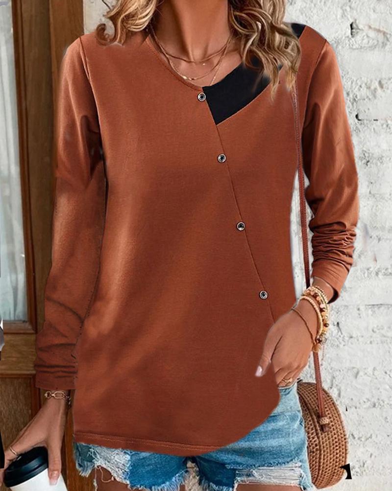 

Colorblock Long Sleeve Buttoned Casual Top, Coffee