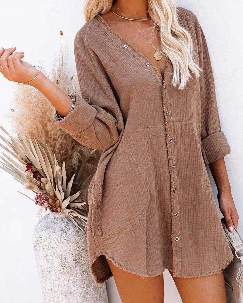 

Long Sleeve Button Down Casual Shirt Dress, Khaki