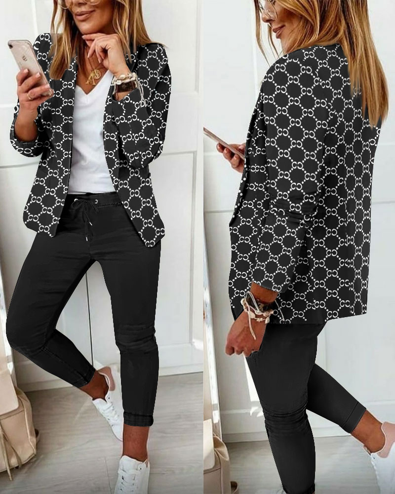 

Geometric Print Long Sleeve Blazer & Pants Set, Black