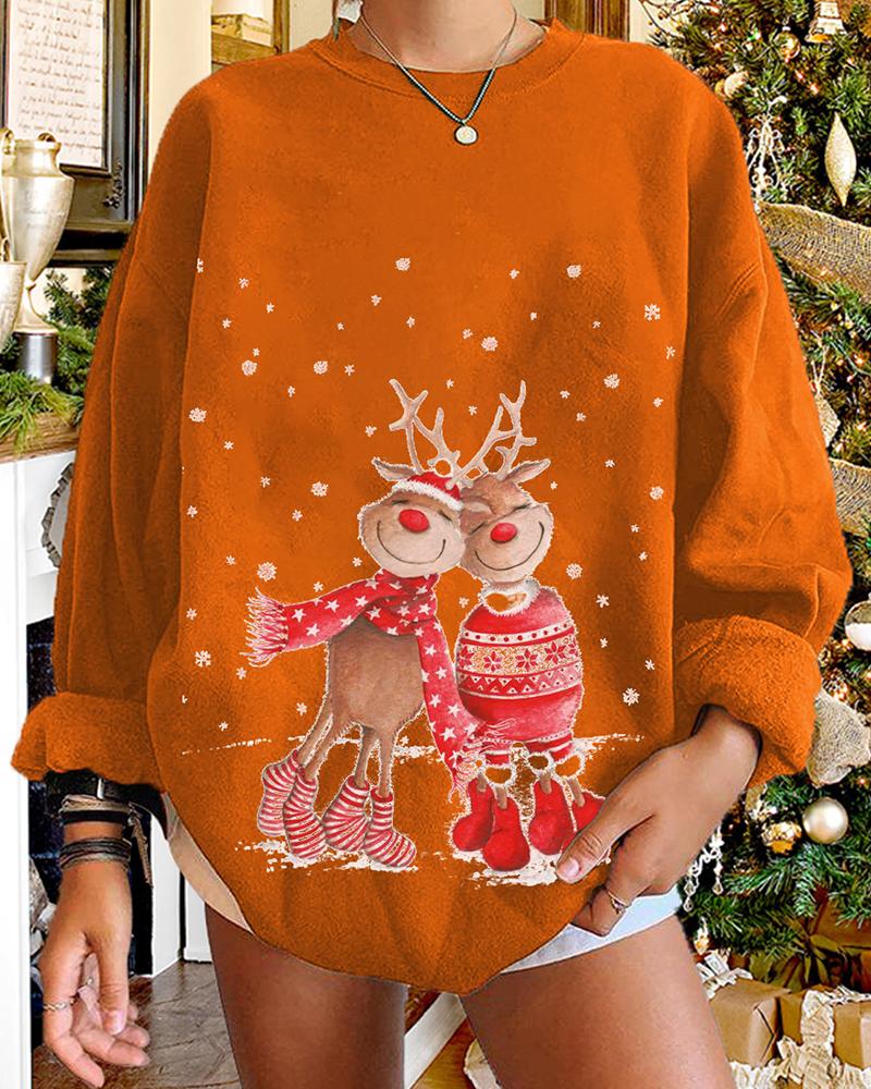 

Christmas Reindeer Snowflake Print Sweatshirt, Orange