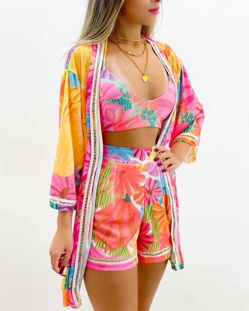 

Tropical Print Crop Top & Shorts Set With Cover Up, Multicolor