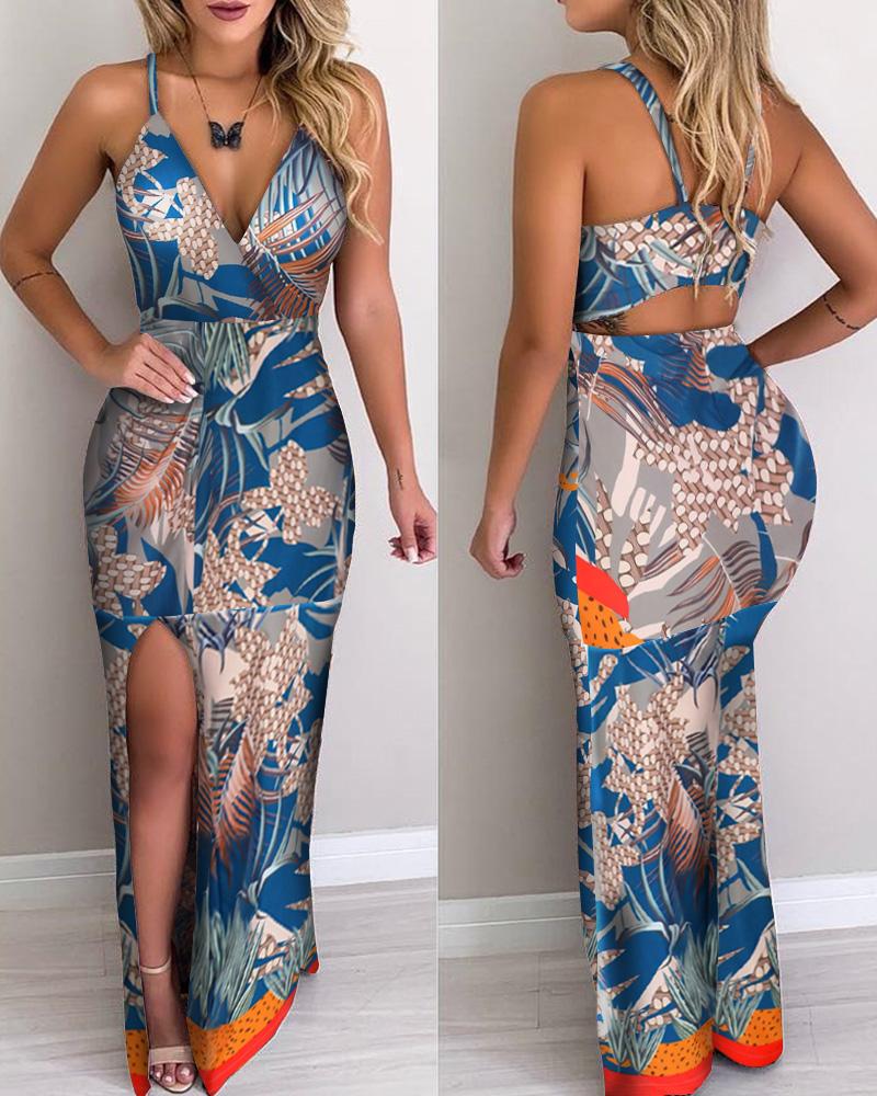 

Plant Print Cutout Back Slit Maxi Dress, Multicolor