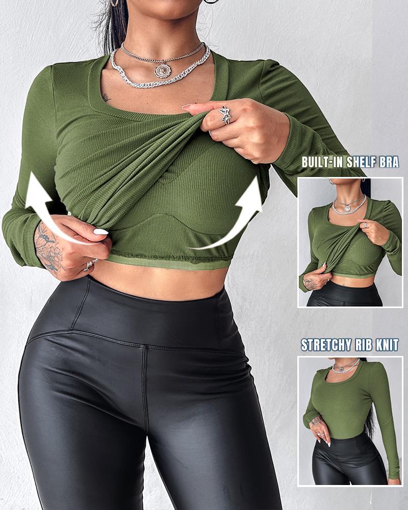 

U-Neck Built-in Bra Long Sleeve Ribbed Top, Army green