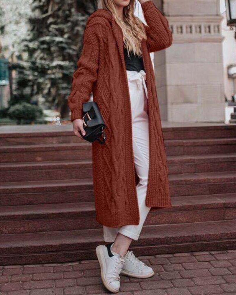 

Hooded Open Front Cable Knit Longline Cardigan, Brown