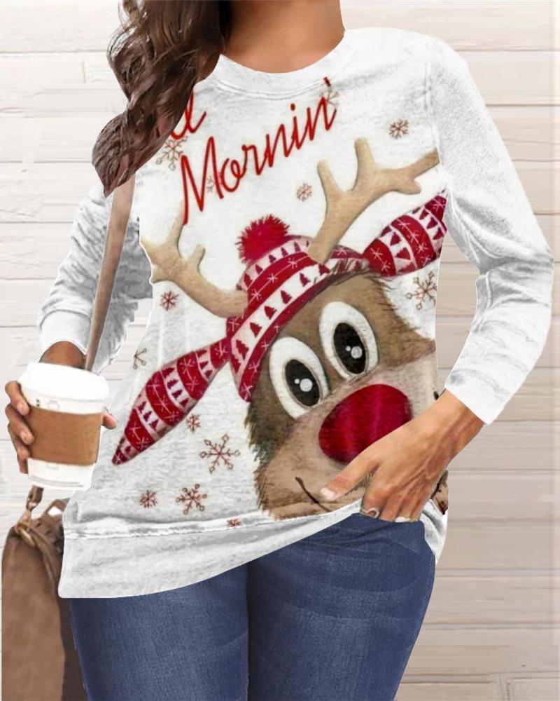 

Plus Size Christmas Snowflake Elk Print Long Sleeve Top, White