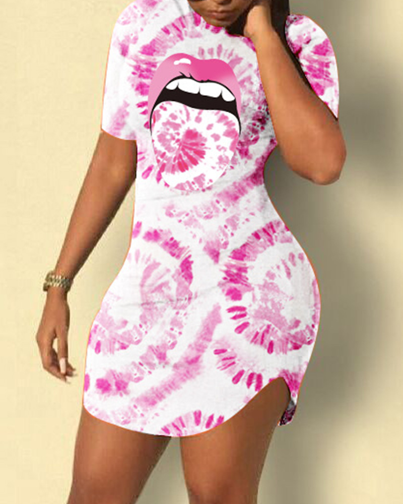 

Multicolor Tie Dye & Lip Print Short Sleeve Skinny Mini Dress, Pink