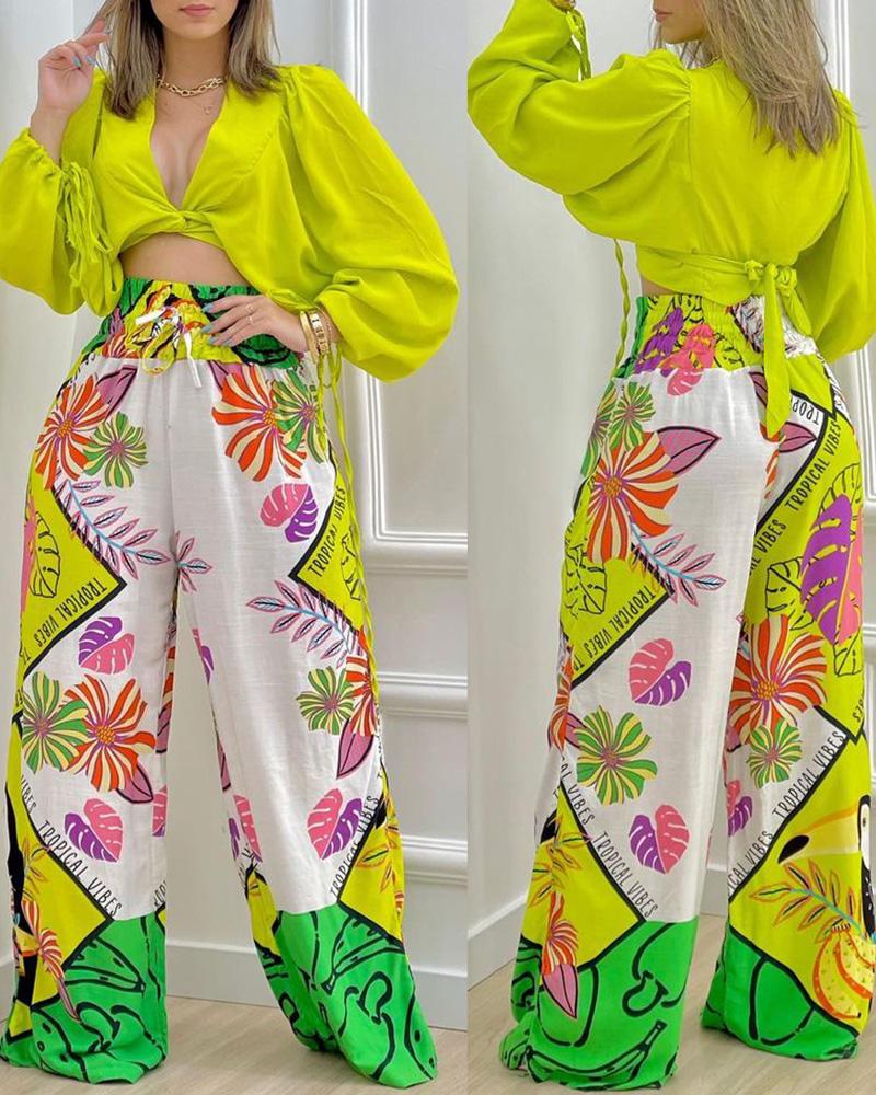 

Lantern Sleeve Crop Top & Tropical Print Pant Sets, Yellow