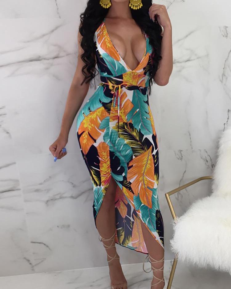 

Leaf Print Crisscross Open Back Irregular Bodycon Dress, Orange