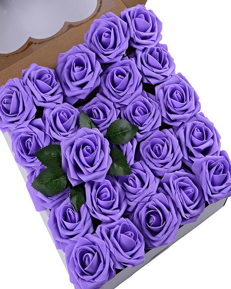 

Artificial Flowers 25pcs Real Looking Blush Foam Fake Roses with Stems for DIY Wedding Bouquets Bridal Shower Centerpieces Party Decorations, Purple