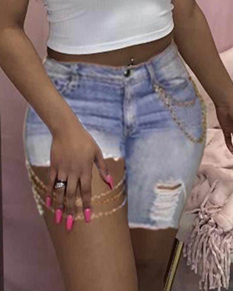 

Solid Color Washing Splicing Chain Ripped Jean Short Pants, Lighted blue