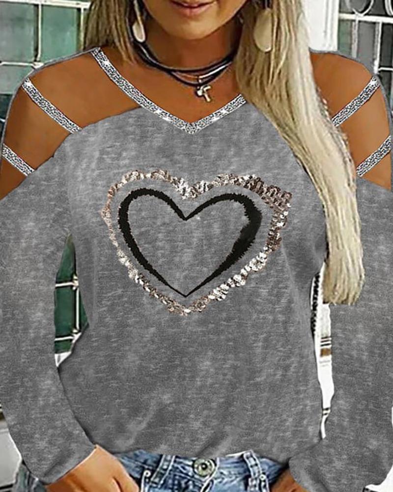 

Heart Print Ladder Cutout Top, Gray