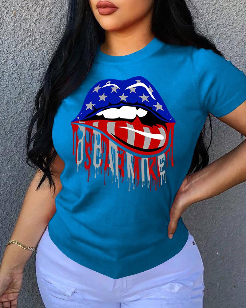 

Lip / Letter Print O Neck Short Sleeve T-Shirt, Blue