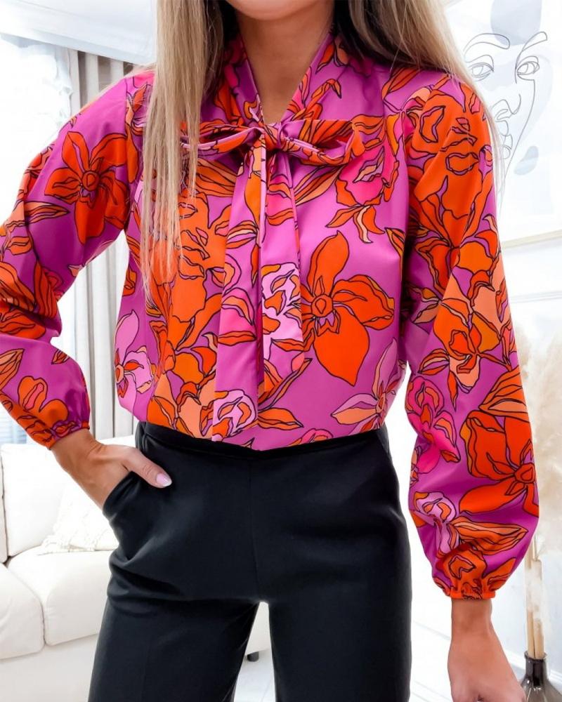 

Floral Print Tie Neck Long Sleeve Shirt, Multicolor