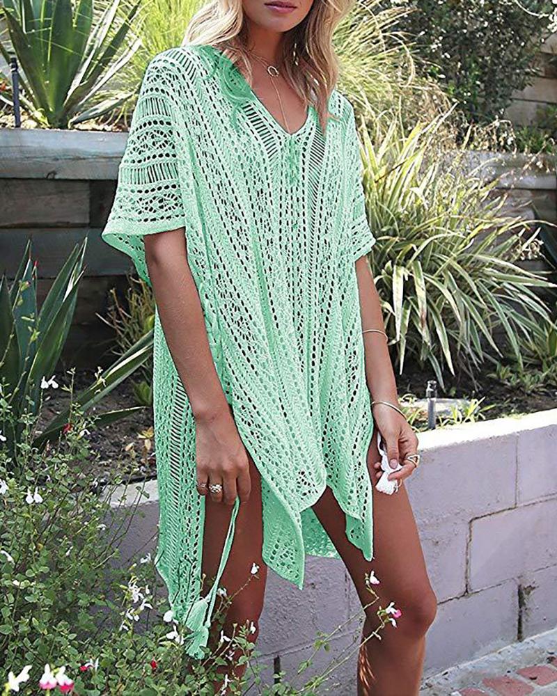 

Hollow Out Knitted Tassel Cover Up, Green