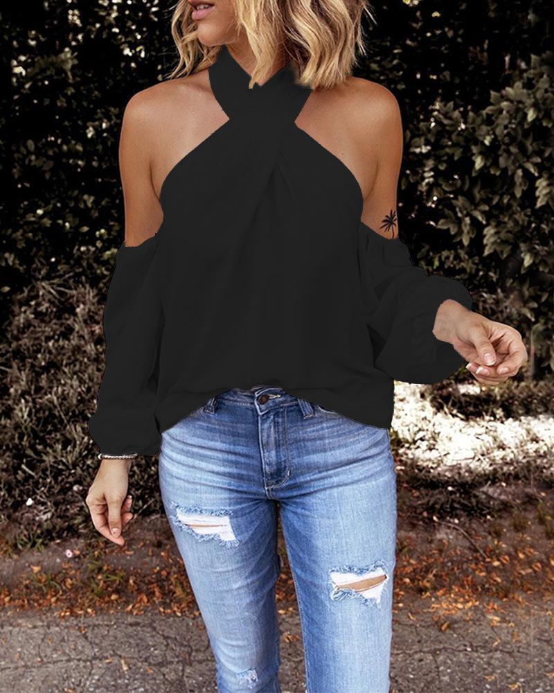 

Crisscross Halter Cold Shoulder Top, Black