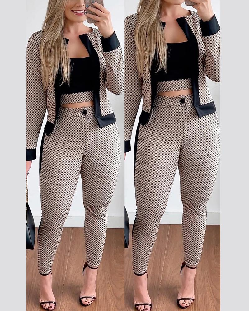 

3PCS Plaid Print Contrast Paneled Crop Top & Pants Set With Coat, Brown