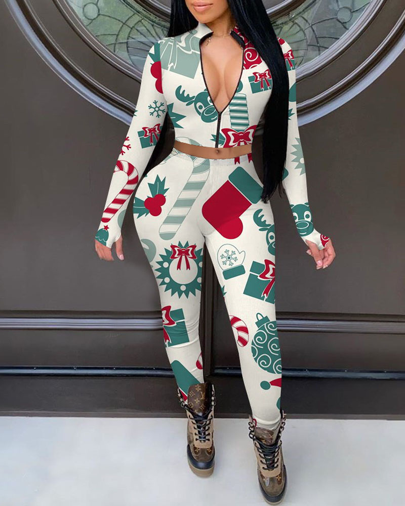 

Christmas Print Zip Up Crop Top & Pants Set, White