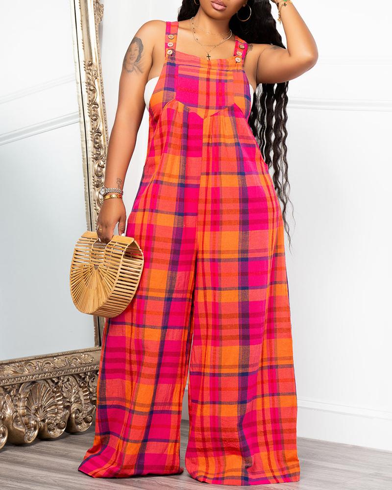 

Plaid Print Buttoned Wide Leg Jumpsuit, Red