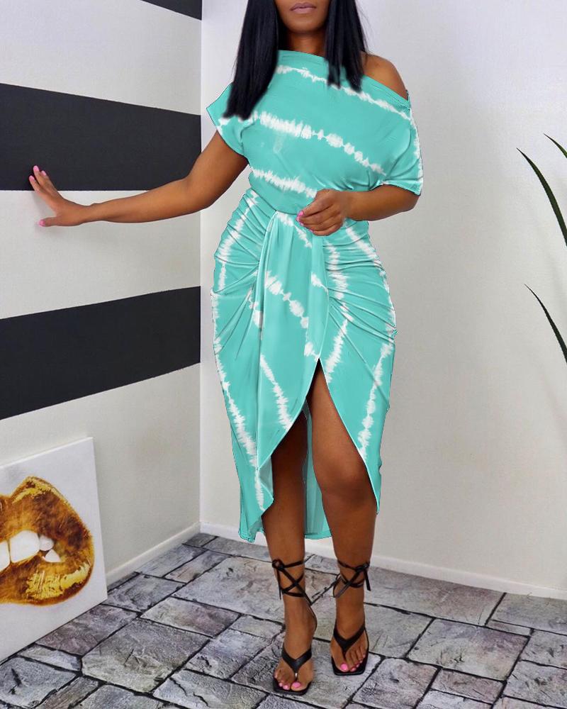 

Tie Dye Print Ruched Slit Casual Dress, Turquoise blue