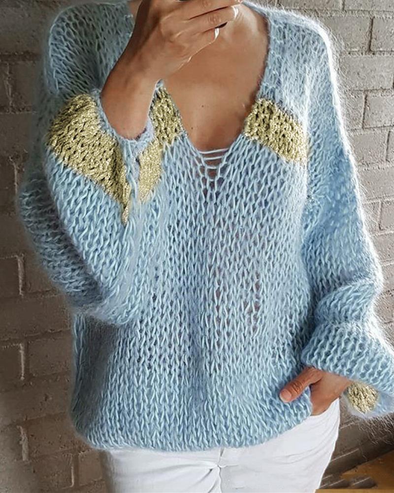 

Color Block V-Neck Long Sleeve Sweater, Blue