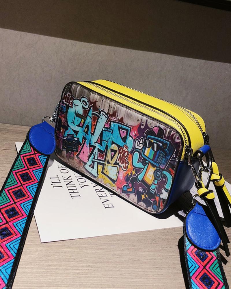 

Cartoon Letter Graphic Zipper Design Shoulder Bag, Yellow