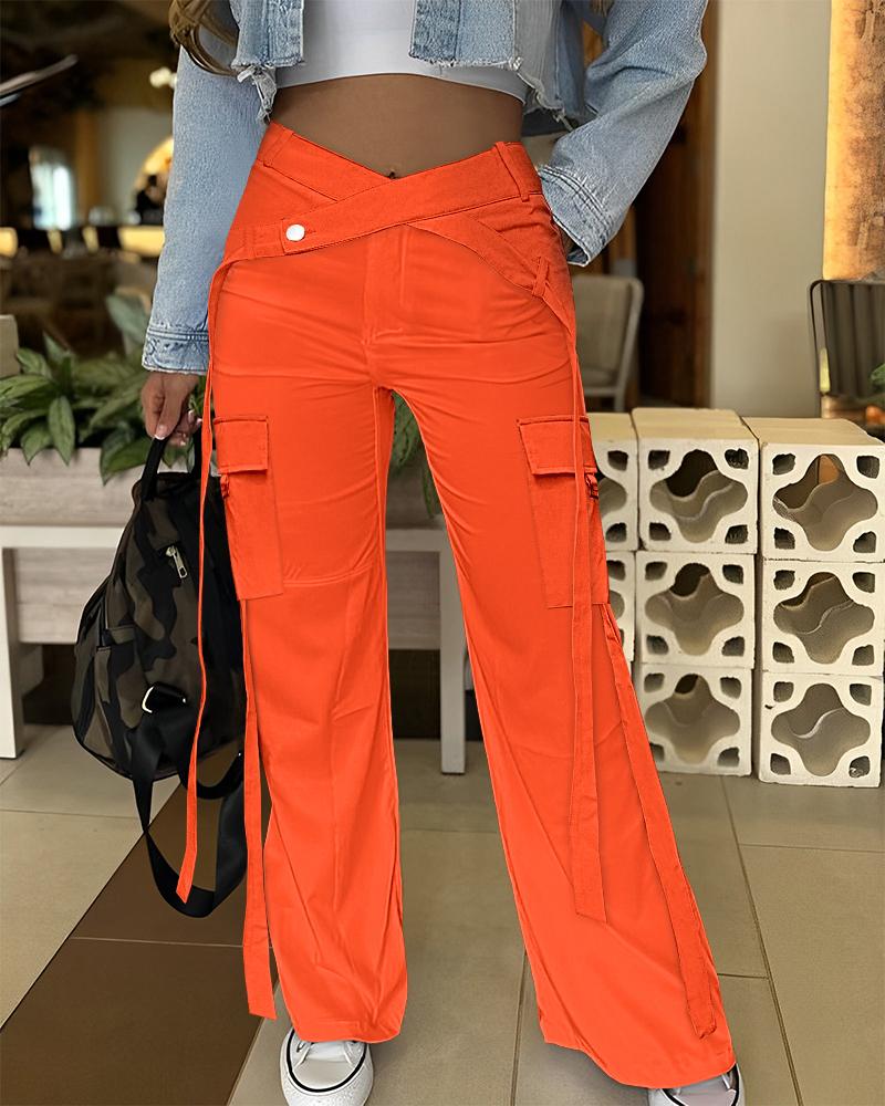 

Overlap Waist Wide Leg Cargo Pants, Orange