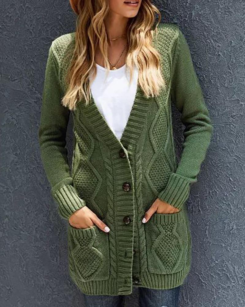 

Pocket Button Design Long Sleeve Braided Knit Cardigan, Green